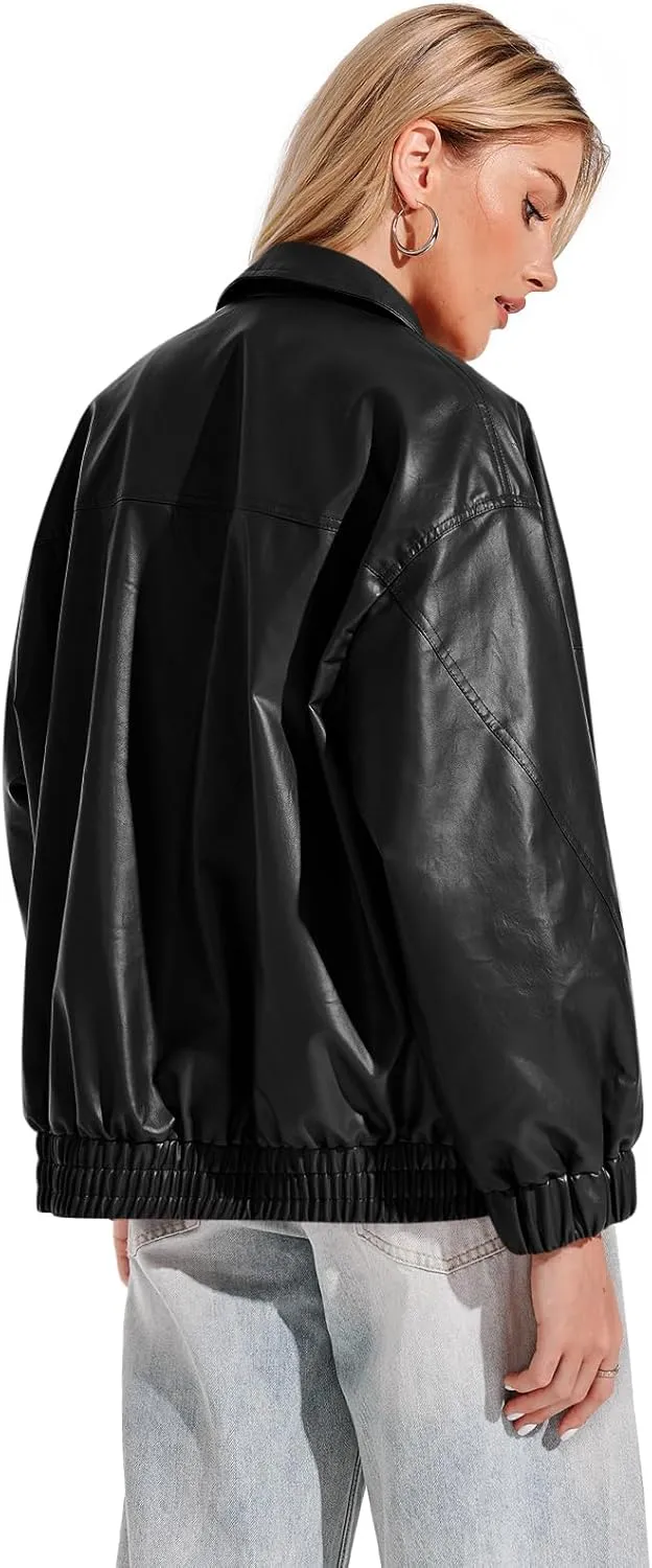 Yousify Womens Leather Jacket Oversized Faux Casual Zip Up Bomber Motorcycle Jackect Trendy Fall Winter Clothes S-XXL