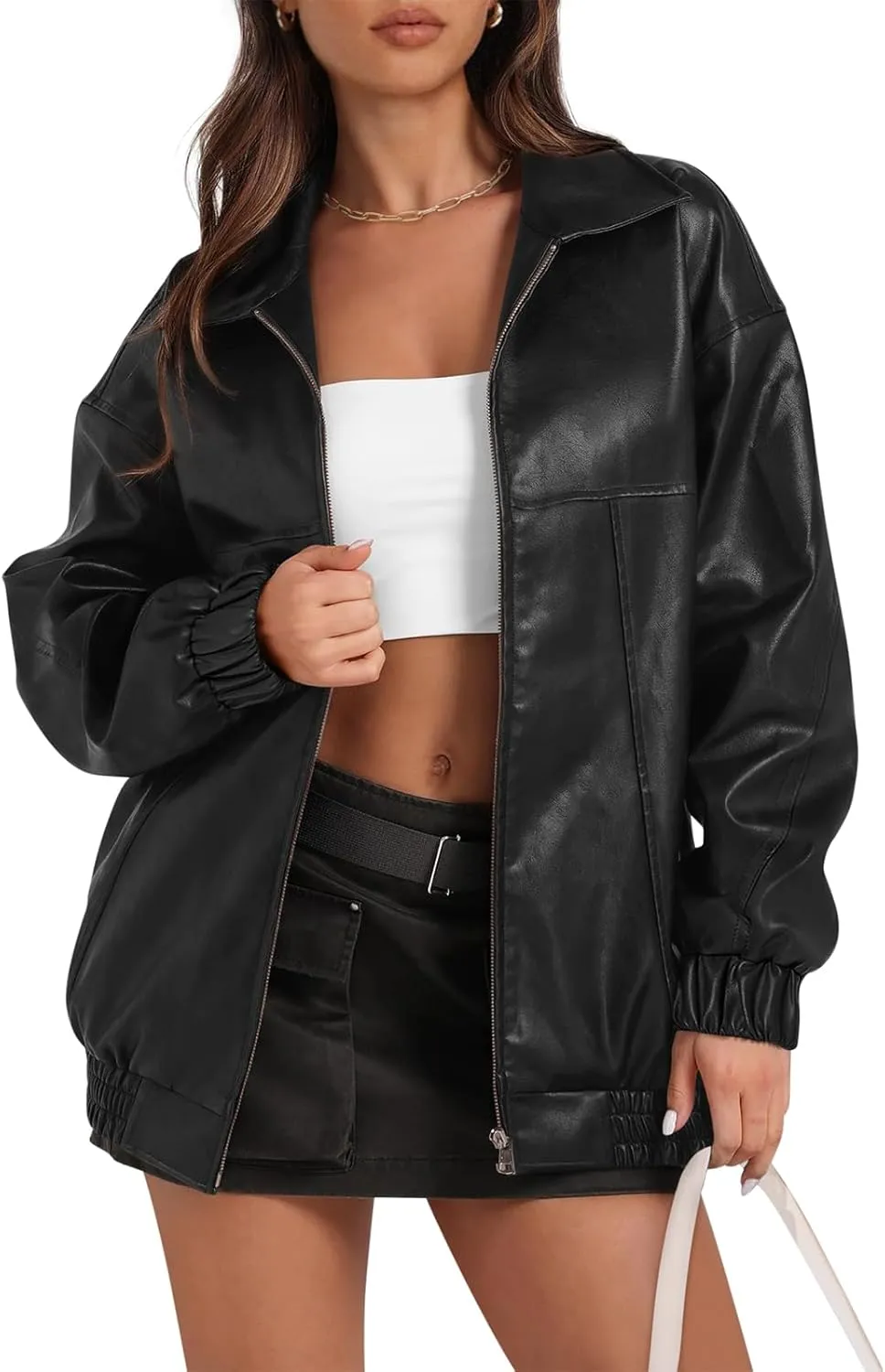 Yousify Womens Leather Jacket Oversized Faux Casual Zip Up Bomber Motorcycle Jackect Trendy Fall Winter Clothes S-XXL