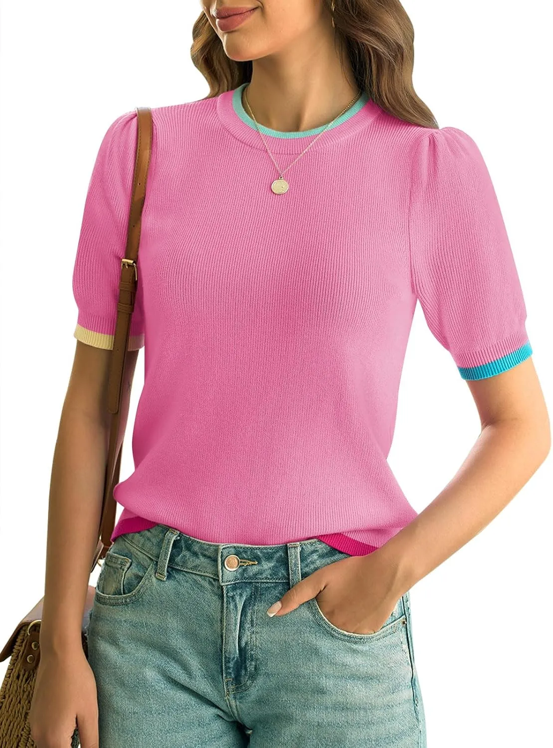 Yousify Womens Puff Short Sleeve Sweater Top Summer Trendy Crew Neck Casual T Shirts Blouses