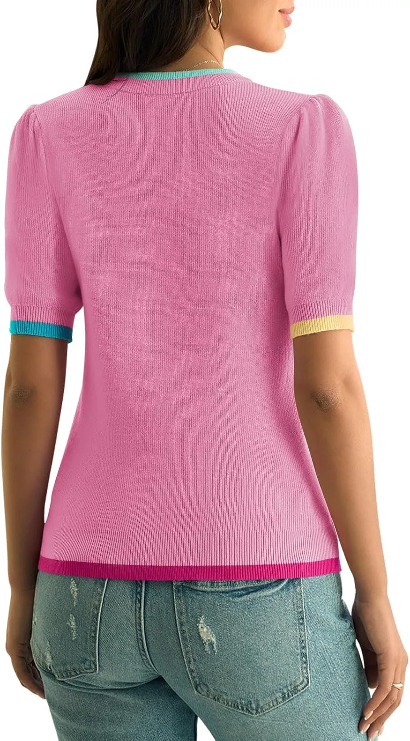 Yousify Womens Puff Short Sleeve Sweater Top Summer Trendy Crew Neck Casual T Shirts Blouses