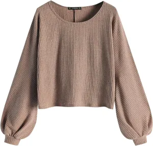 ZAFUL Women Ribbed Knit Long Sleeve Tops Shirts Lantern Sleeve Oversized Pullover Crop Sweater