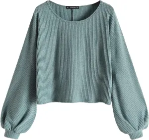 ZAFUL Women Ribbed Knit Long Sleeve Tops Shirts Lantern Sleeve Oversized Pullover Crop Sweater