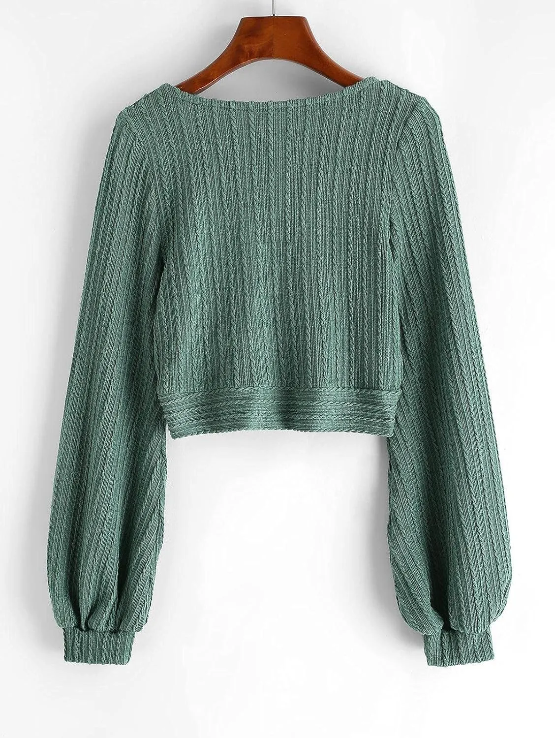 ZAFUL Women's Pullover Ribbed Cropped Knitwear Drawstring Ruched Knitted Crop Top Solid V-Neck Long Sleeve T-Shirt