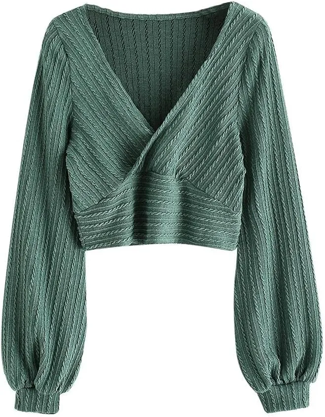 ZAFUL Women's Pullover Ribbed Cropped Knitwear Drawstring Ruched Knitted Crop Top Solid V-Neck Long Sleeve T-Shirt