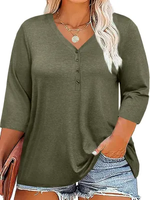 ZDC Women's Plus Size T Shirts 3/4 Sleeve V Neck Tee Tops Button Down Basic Tunic