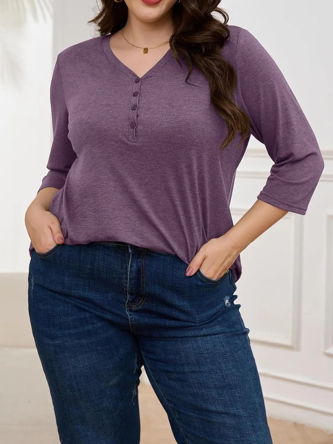 ZDC Women's Plus Size T Shirts 3/4 Sleeve V Neck Tee Tops Button Down Basic Tunic