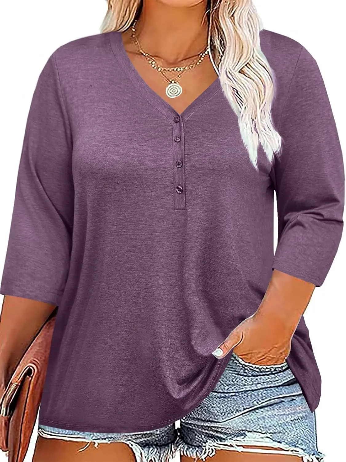 ZDC Women's Plus Size T Shirts 3/4 Sleeve V Neck Tee Tops Button Down Basic Tunic