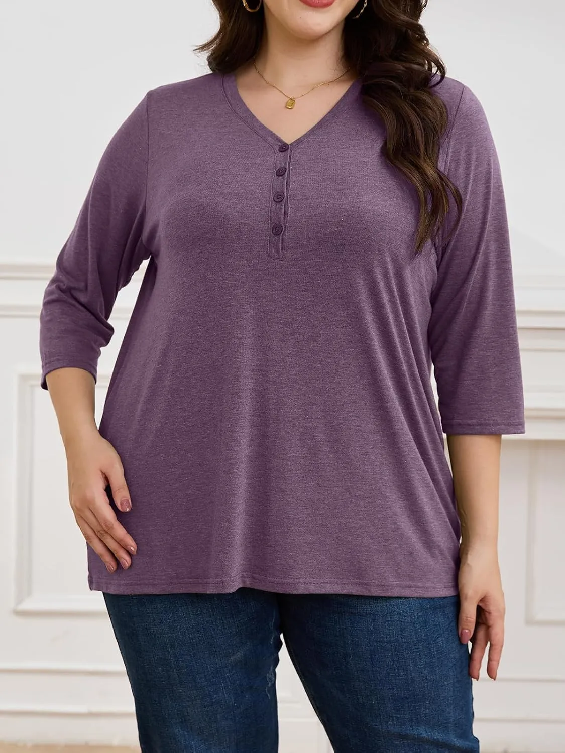 ZDC Women's Plus Size T Shirts 3/4 Sleeve V Neck Tee Tops Button Down Basic Tunic