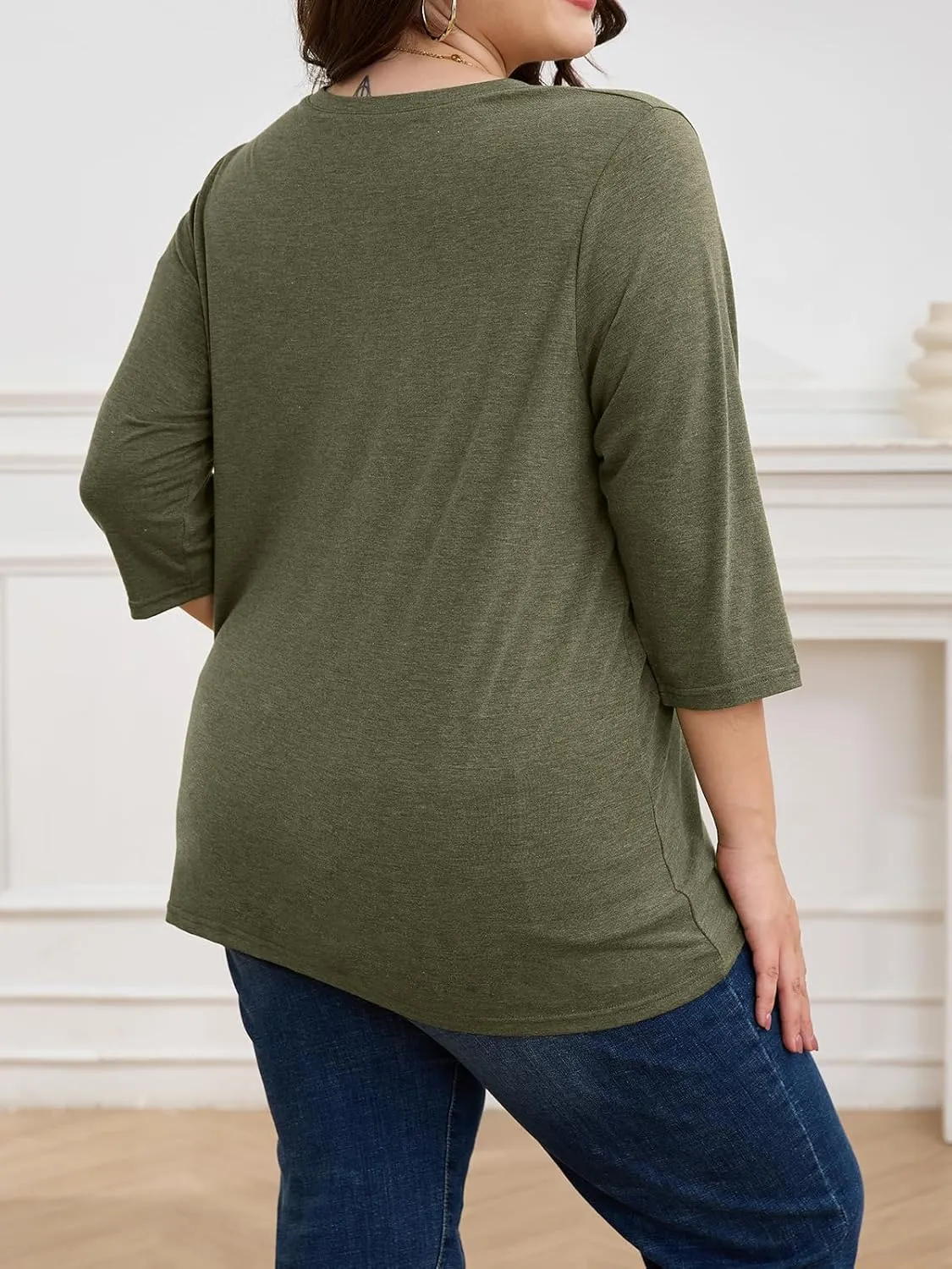 ZDC Women's Plus Size T Shirts 3/4 Sleeve V Neck Tee Tops Button Down Basic Tunic
