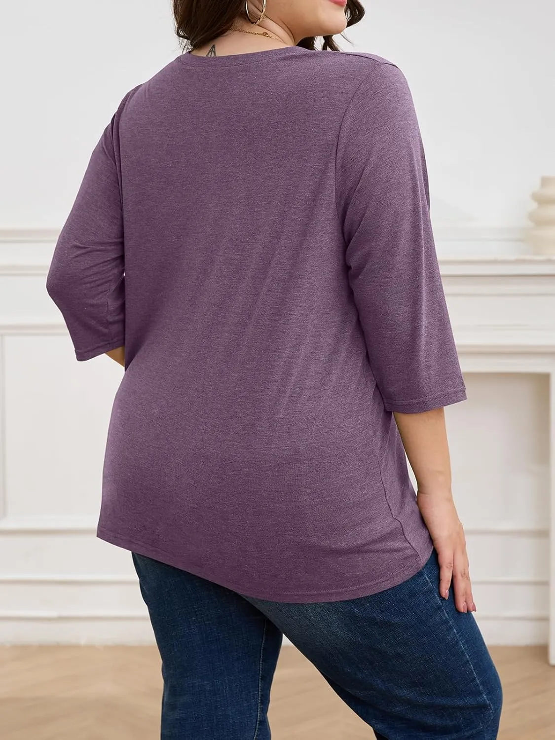 ZDC Women's Plus Size T Shirts 3/4 Sleeve V Neck Tee Tops Button Down Basic Tunic