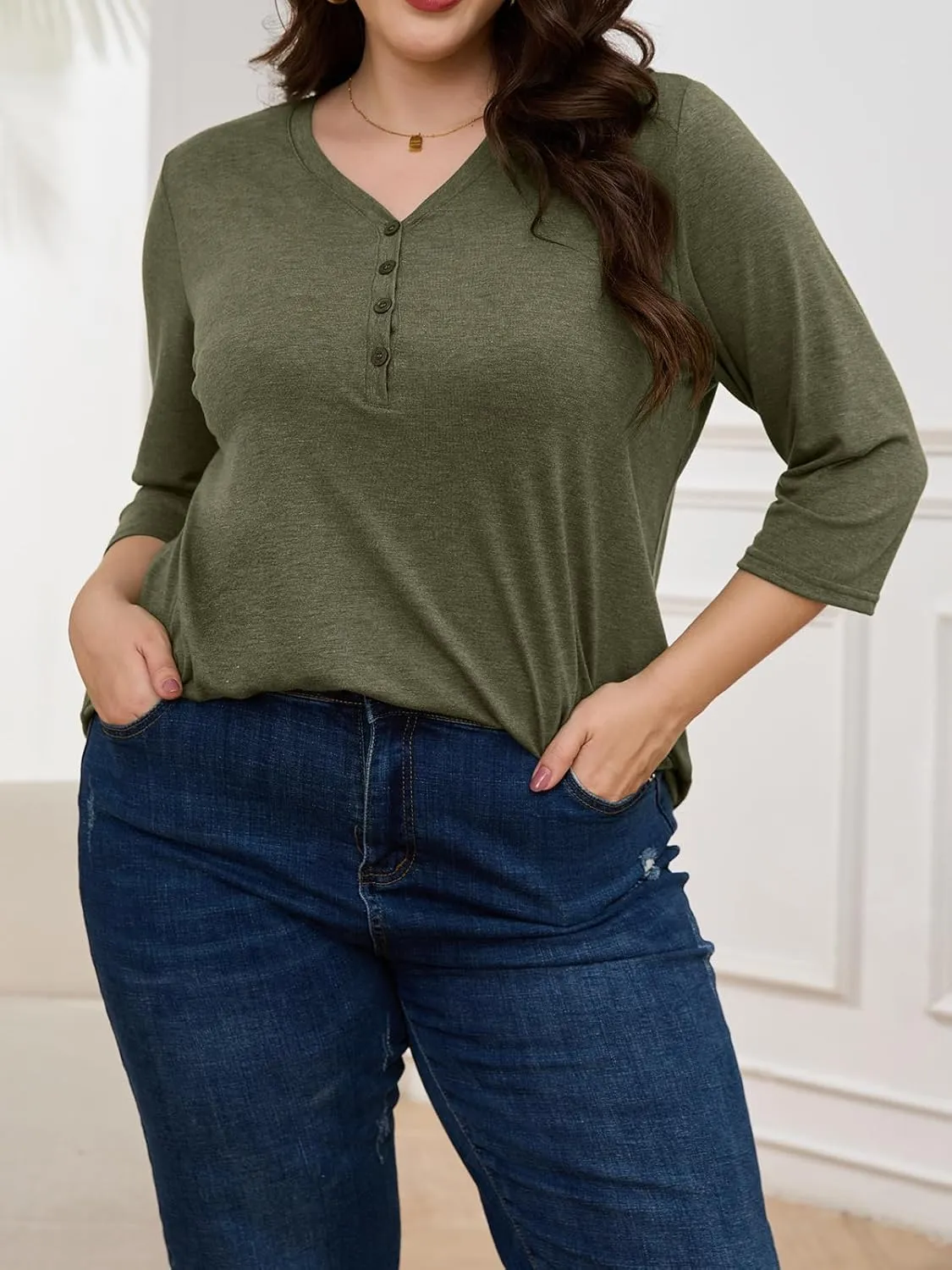 ZDC Women's Plus Size T Shirts 3/4 Sleeve V Neck Tee Tops Button Down Basic Tunic