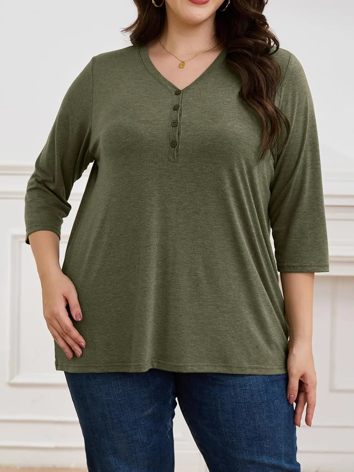 ZDC Women's Plus Size T Shirts 3/4 Sleeve V Neck Tee Tops Button Down Basic Tunic