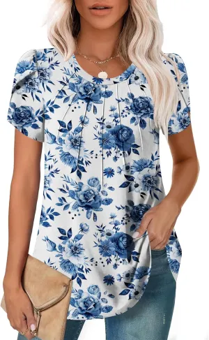 Zeagoo Womens Short Sleeve Tops Pleated Dressy Casual Crew Neck Summer Loose Shirts Blouses