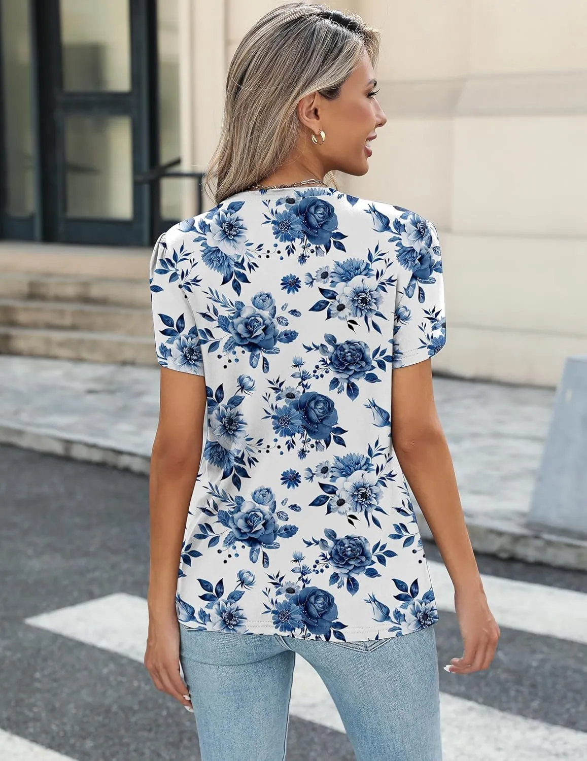 Zeagoo Womens Short Sleeve Tops Pleated Dressy Casual Crew Neck Summer Loose Shirts Blouses