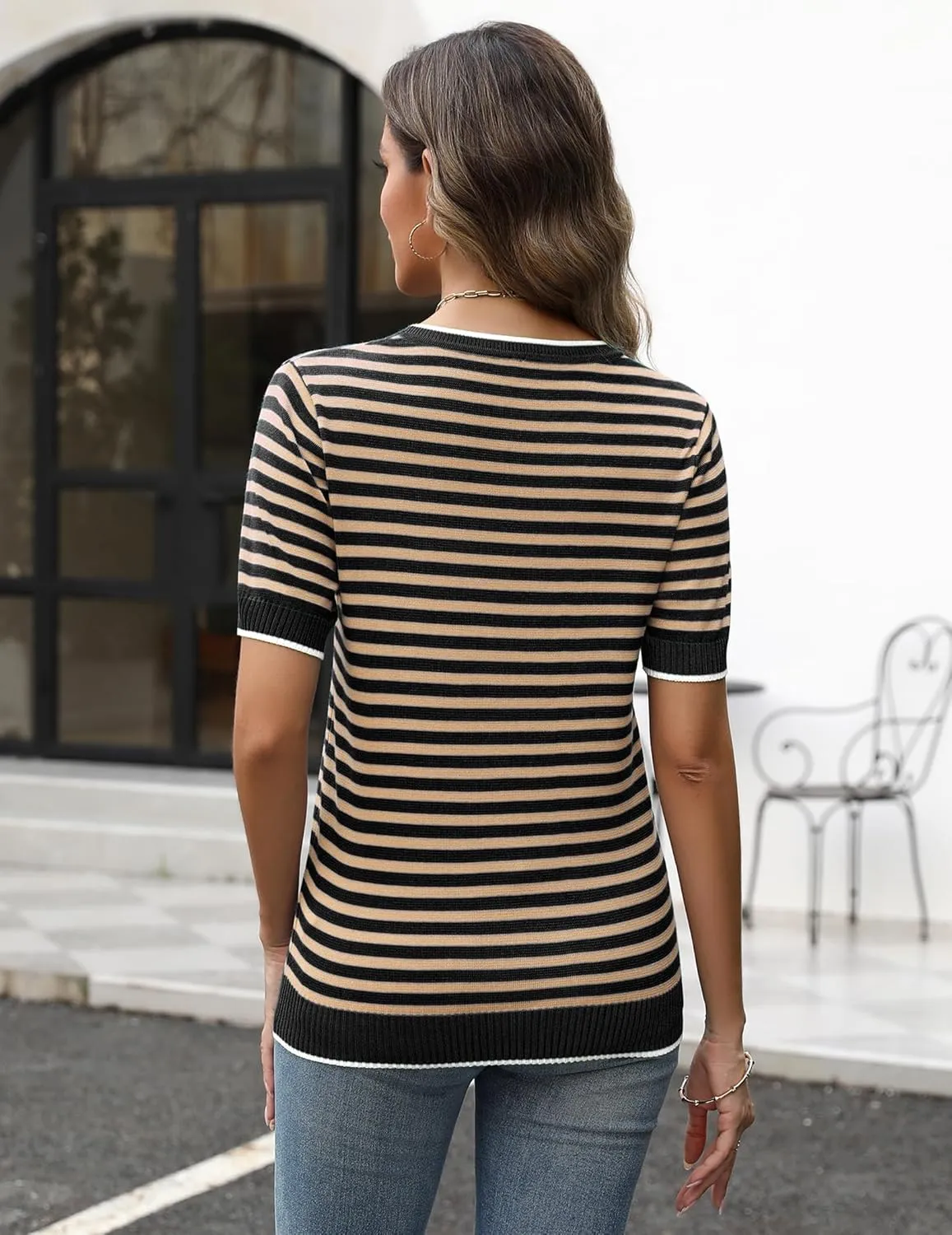 Zeagoo Womens Summer Tops Casual Short Sleeve Striped Sweater Shirt Crewneck Color Block Knit Blouses