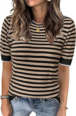 Zeagoo Womens Summer Tops Casual Short Sleeve Striped Sweater Shirt Crewneck Color Block Knit Blouses