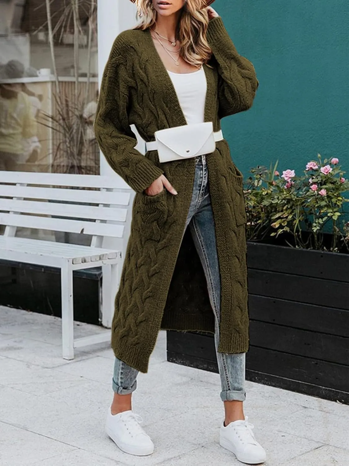 ZIWOCH Women's Long Cardigan Coats Cable Knit Casual Open Front Long Sleeve Loose Sweater with Pockets