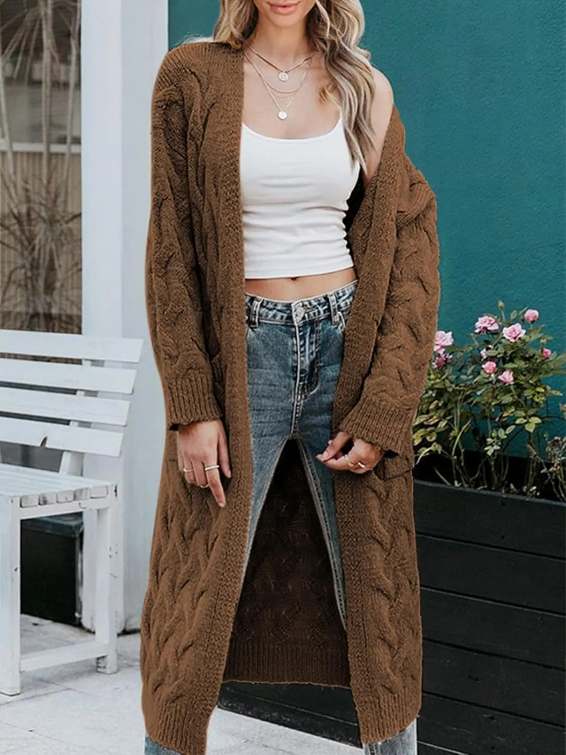 ZIWOCH Women's Long Cardigan Coats Cable Knit Casual Open Front Long Sleeve Loose Sweater with Pockets