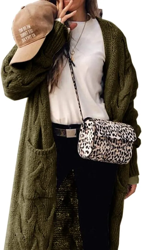 ZIWOCH Women's Long Cardigan Coats Cable Knit Casual Open Front Long Sleeve Loose Sweater with Pockets