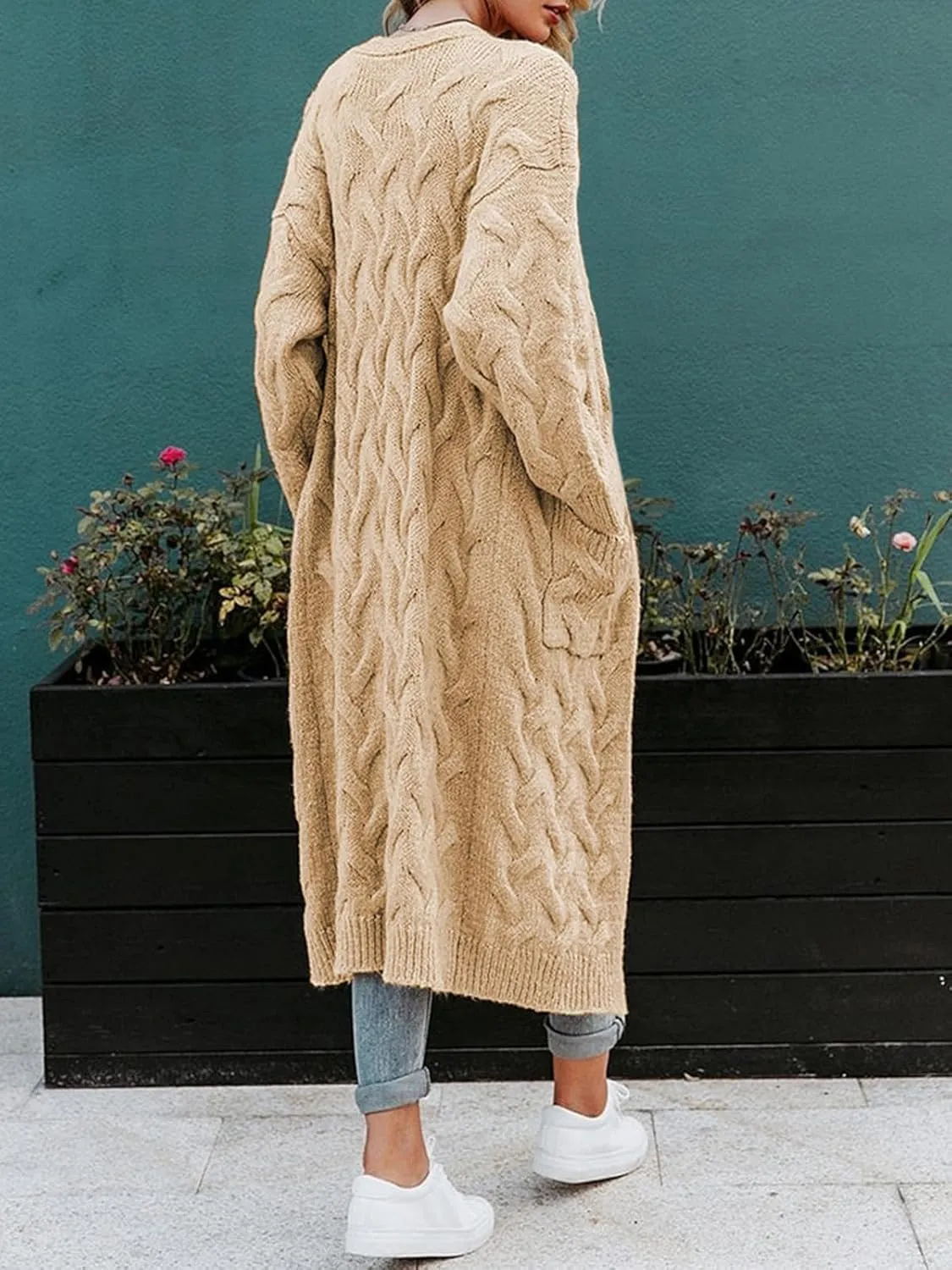 ZIWOCH Women's Long Cardigan Coats Cable Knit Casual Open Front Long Sleeve Loose Sweater with Pockets