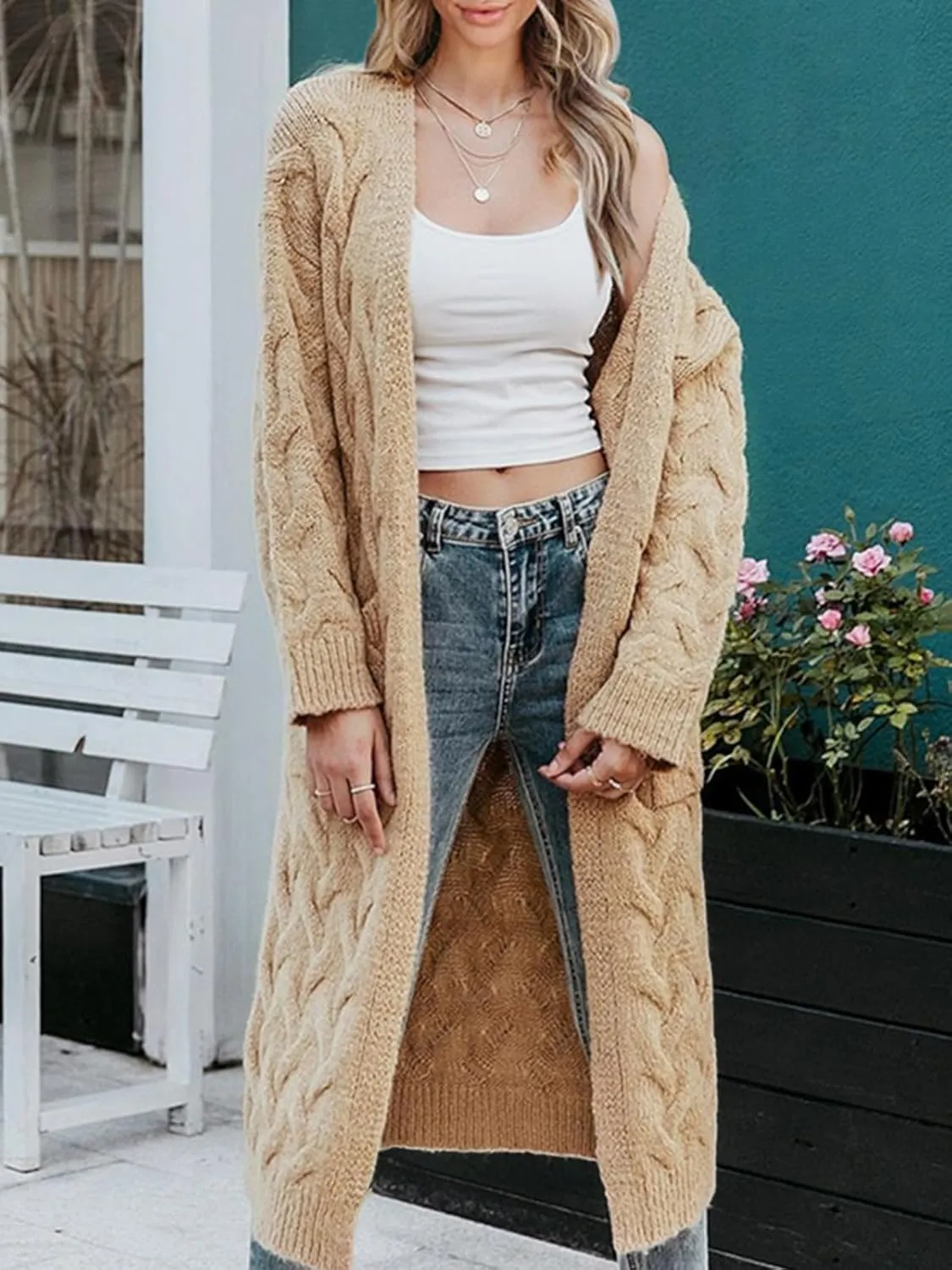 ZIWOCH Women's Long Cardigan Coats Cable Knit Casual Open Front Long Sleeve Loose Sweater with Pockets
