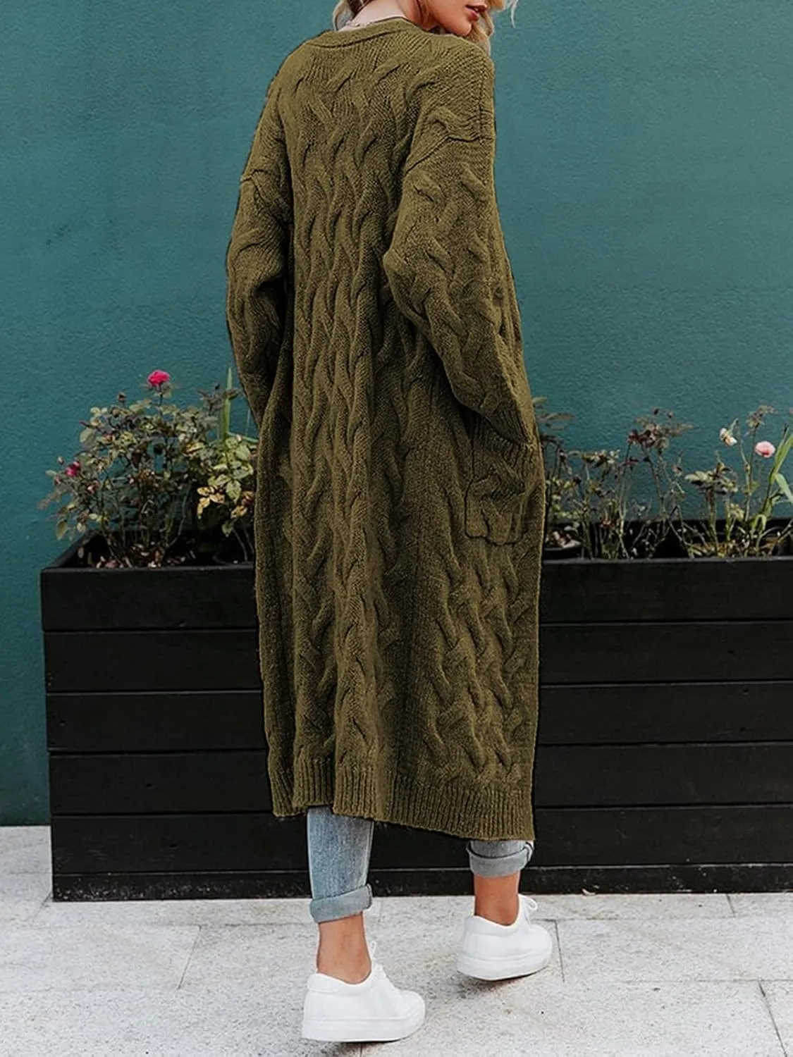 ZIWOCH Women's Long Cardigan Coats Cable Knit Casual Open Front Long Sleeve Loose Sweater with Pockets