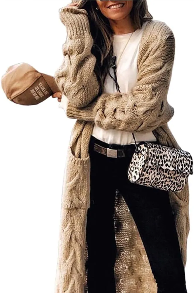 ZIWOCH Women's Long Cardigan Coats Cable Knit Casual Open Front Long Sleeve Loose Sweater with Pockets