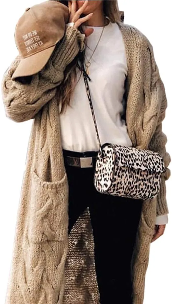 ZIWOCH Women's Long Cardigan Coats Cable Knit Casual Open Front Long Sleeve Loose Sweater with Pockets