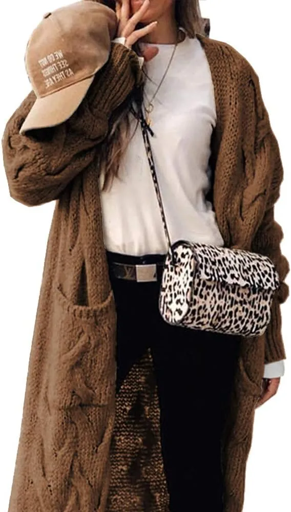 ZIWOCH Women's Long Cardigan Coats Cable Knit Casual Open Front Long Sleeve Loose Sweater with Pockets