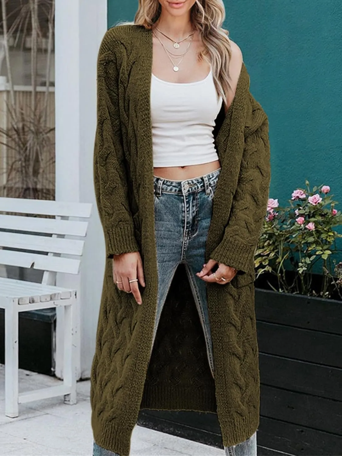 ZIWOCH Women's Long Cardigan Coats Cable Knit Casual Open Front Long Sleeve Loose Sweater with Pockets