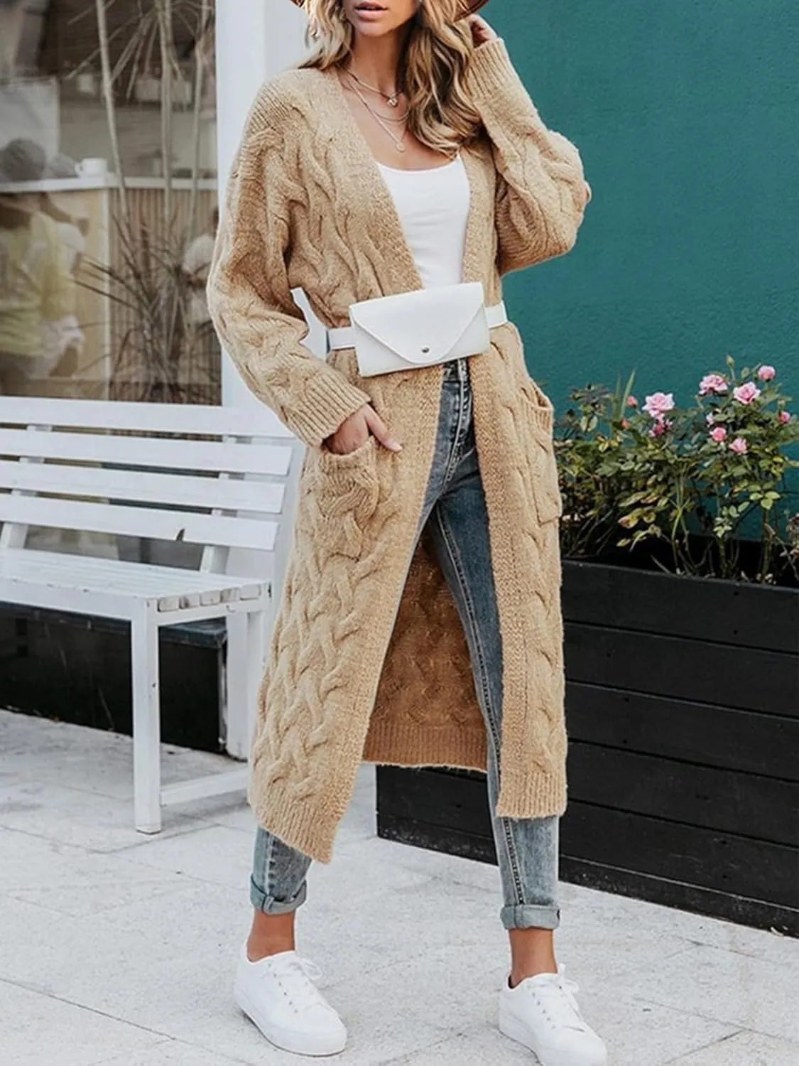 ZIWOCH Women's Long Cardigan Coats Cable Knit Casual Open Front Long Sleeve Loose Sweater with Pockets
