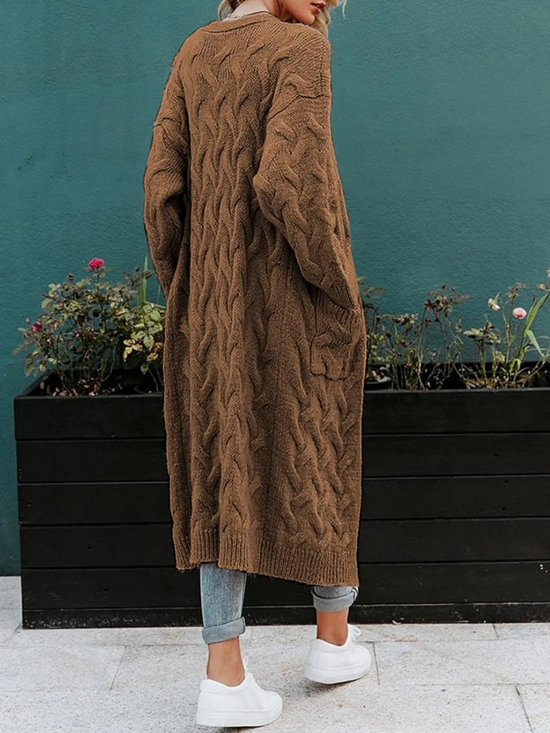 ZIWOCH Women's Long Cardigan Coats Cable Knit Casual Open Front Long Sleeve Loose Sweater with Pockets