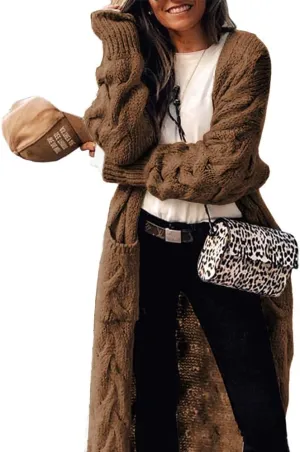 ZIWOCH Women's Long Cardigan Coats Cable Knit Casual Open Front Long Sleeve Loose Sweater with Pockets