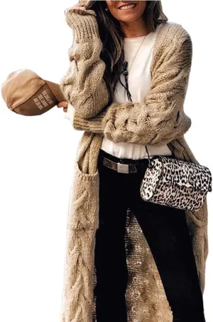 ZIWOCH Women's Long Cardigan Coats Cable Knit Casual Open Front Long Sleeve Loose Sweater with Pockets