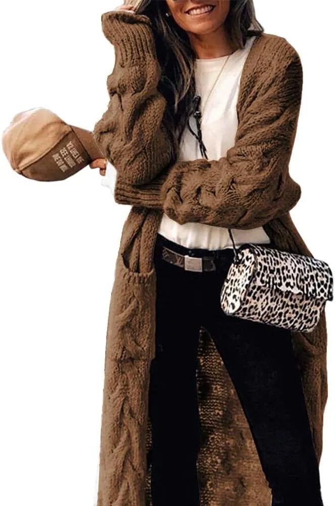ZIWOCH Women's Long Cardigan Coats Cable Knit Casual Open Front Long Sleeve Loose Sweater with Pockets