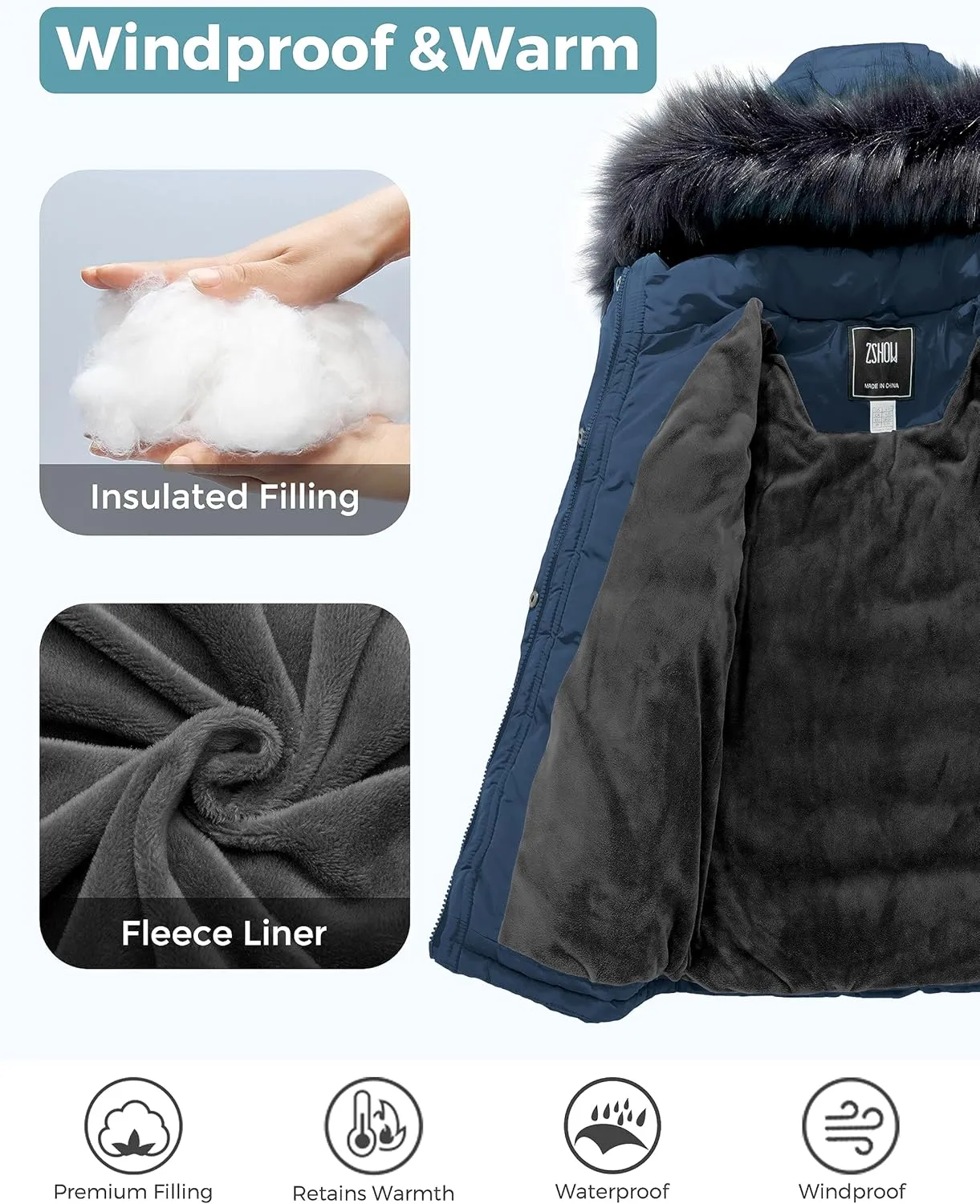 ZSHOW Girls' Puffer Jacket Soft Fleece Lined Warm Hooded Winter Coat