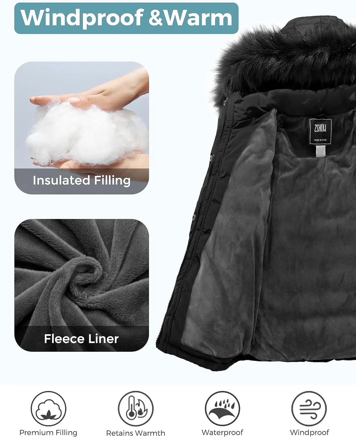 ZSHOW Girls' Puffer Jacket Soft Fleece Lined Warm Hooded Winter Coat