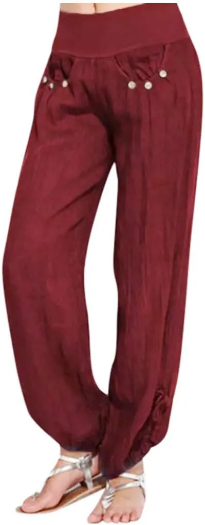 ZYXTIM Womens Casual Cotton Linen Pants Elastic Waisted Smocked Solid Color Summer Beach Yoga Trousers
