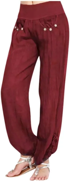 ZYXTIM Womens Casual Cotton Linen Pants Elastic Waisted Smocked Solid Color Summer Beach Yoga Trousers